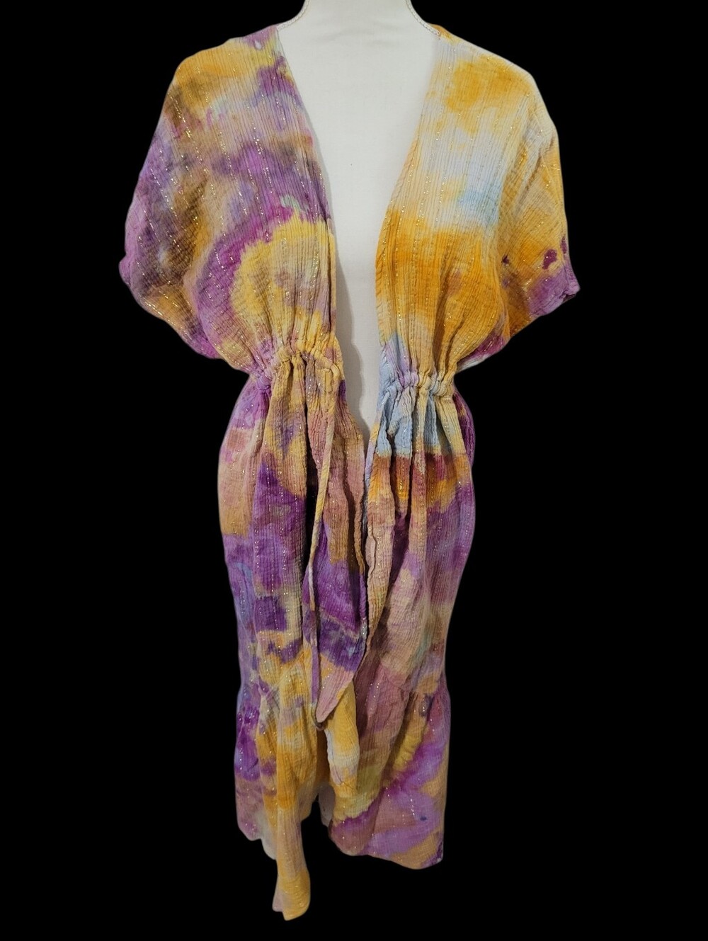 Aerie Upcycled Gold Thread Cardigan Coverup Cotton Mystical Waist Tie Boho Chic